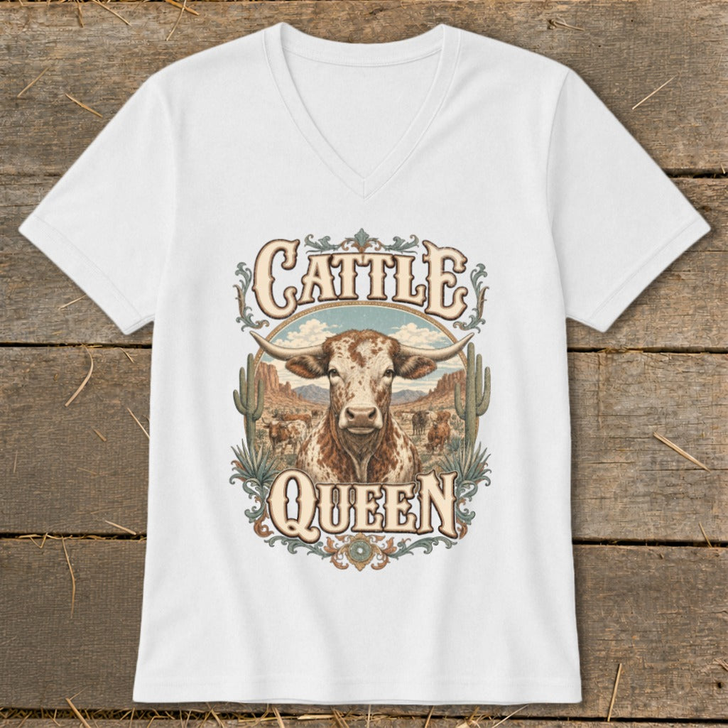 White t-shirt with "Cattle Queen" graphic featuring a longhorn steer and desert landscape.