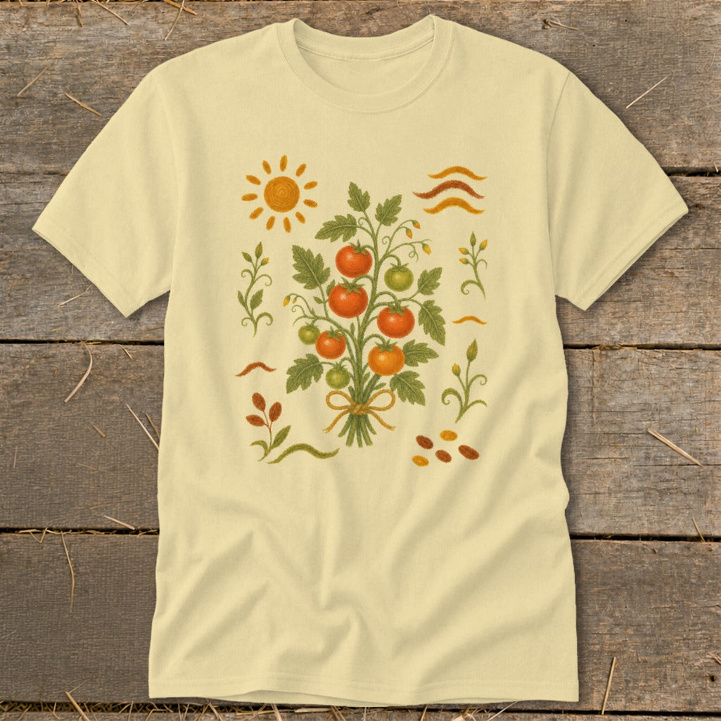 Cream t-shirt with a stylized illustration of a tomato plant and sun.
