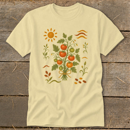 Cream t-shirt with a stylized illustration of a tomato plant and sun.