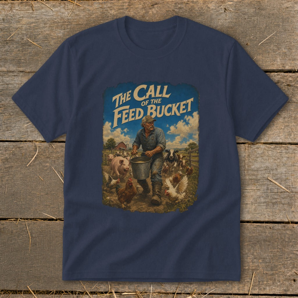 Farmer with bucket feeding pigs and chickens under text "The Call of the Feed Bucket".