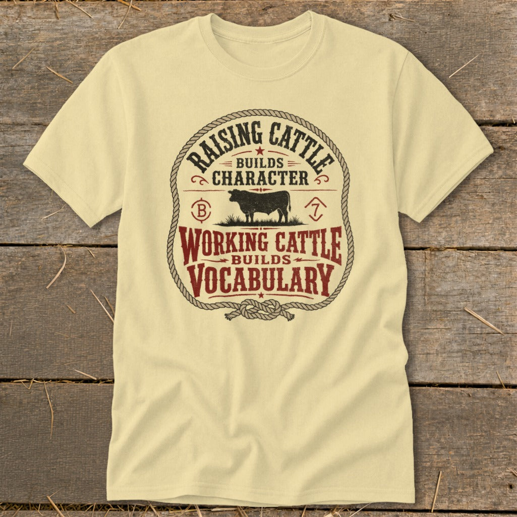 Pale yellow t-shirt with "Raising Cattle Builds Character" and "Working Cattle Builds Vocabulary" text.