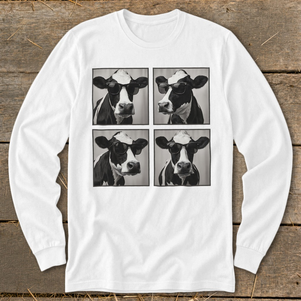 Four black and white cow portraits wearing sunglasses, arranged in a 2x2 grid.