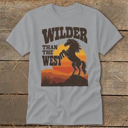 Grey t-shirt with "Wilder Than The West" text and rearing horse graphic.