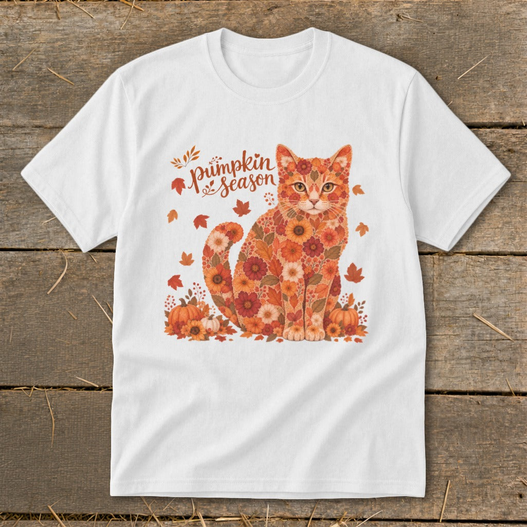 White t-shirt with a cat made of autumn flowers and the text "Pumpkin Season".