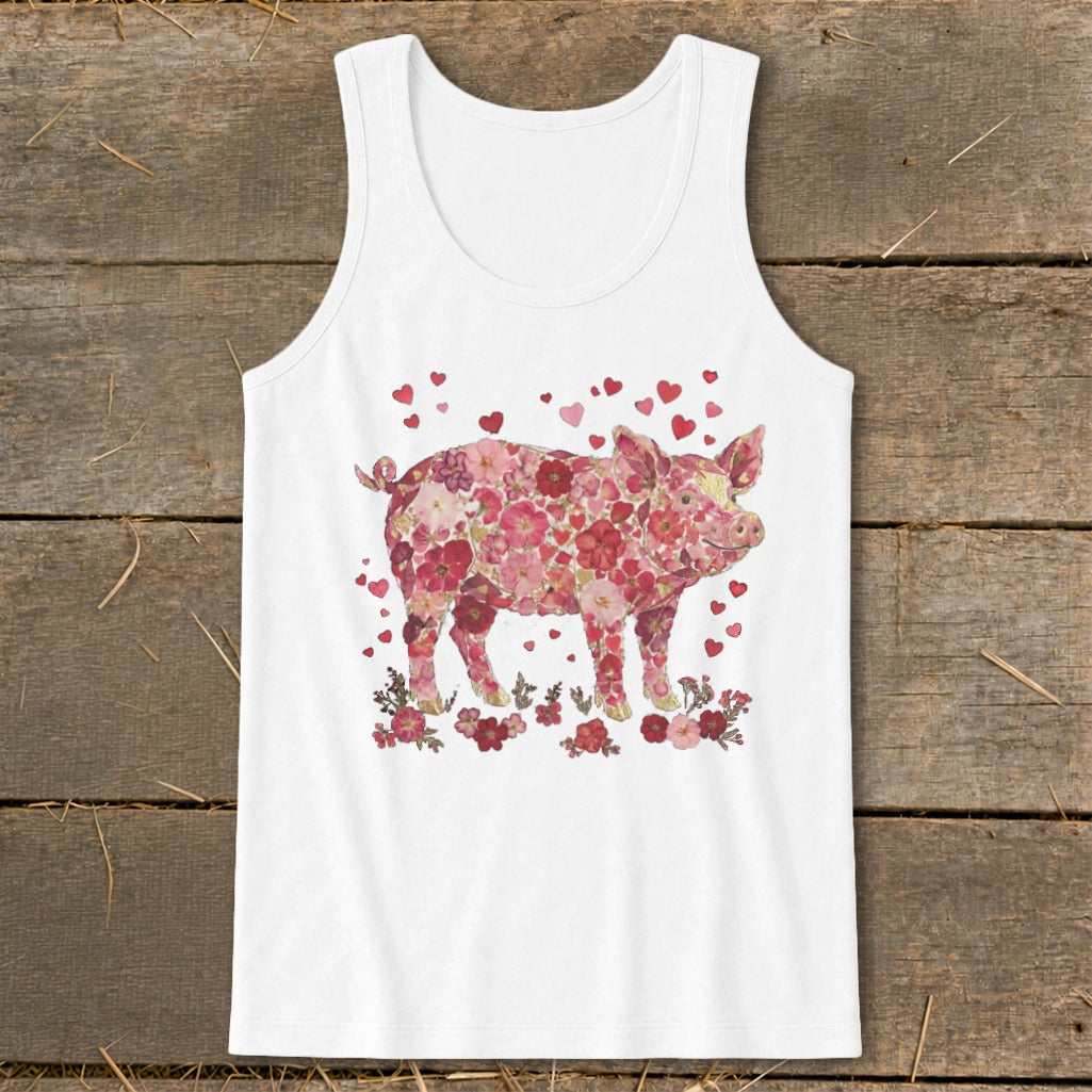White tank top with a pig graphic made of pink and red flowers and hearts.