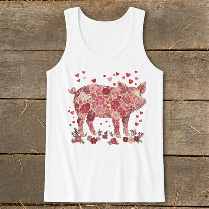 White tank top with a pig graphic made of pink and red flowers and hearts.