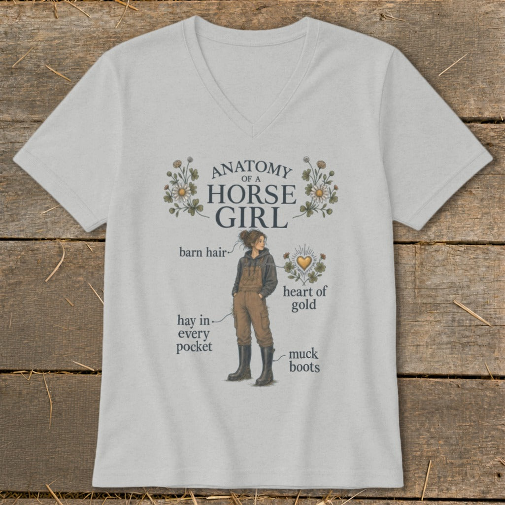 T-shirt with "Anatomy of a Horse Girl" design, featuring labeled illustrations of a girl with barn hair.