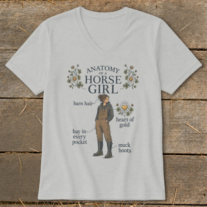 T-shirt with "Anatomy of a Horse Girl" design, featuring labeled illustrations of a girl with barn hair.