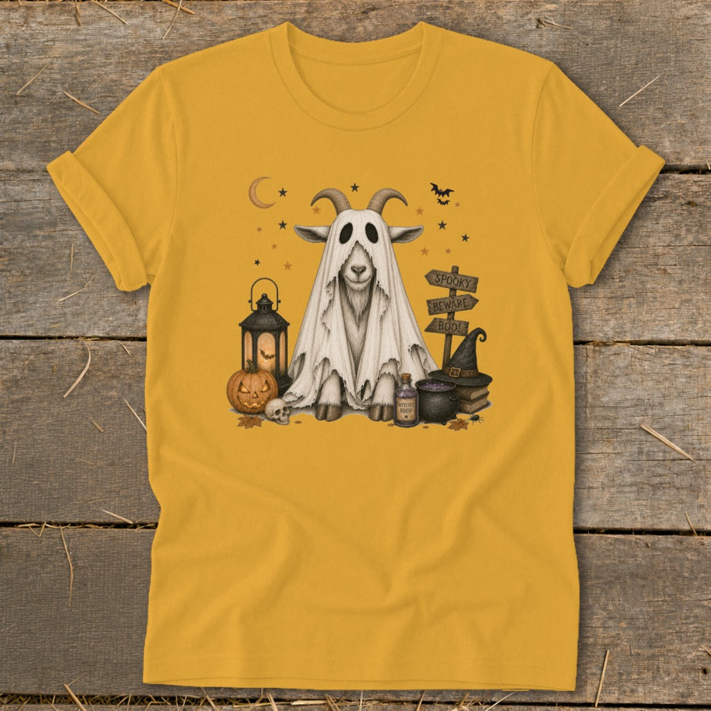 Goat in a ghost costume with Halloween decorations and "Spooky, Beware, Boo" signs.