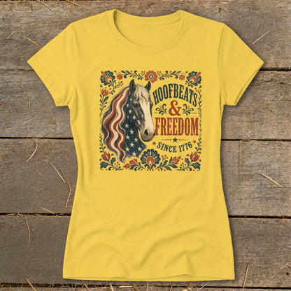 Yellow t-shirt with a horse graphic and "Hoofbeats & Freedom Since 1776" text.