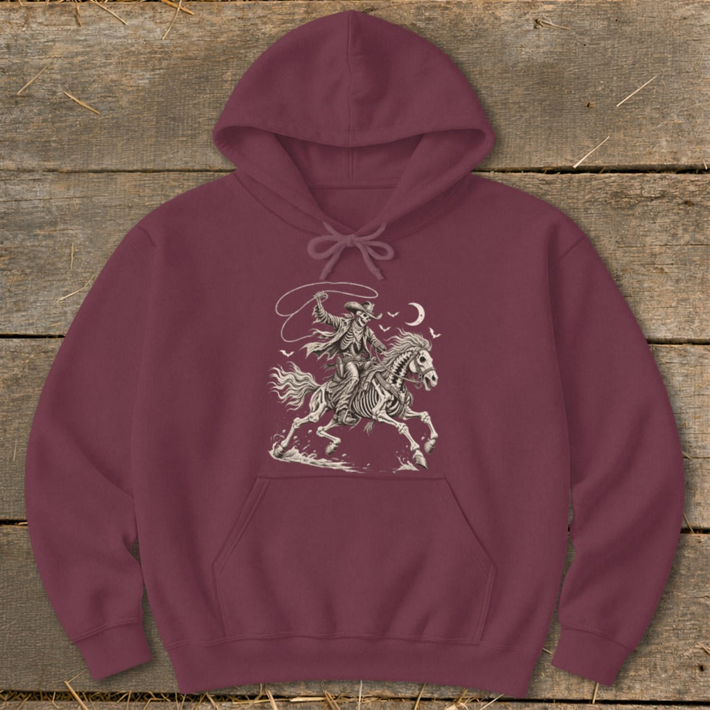 Maroon hoodie with a skeleton cowboy riding a skeleton horse, swinging a lasso.
