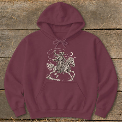Maroon hoodie with a skeleton cowboy riding a skeleton horse, swinging a lasso.