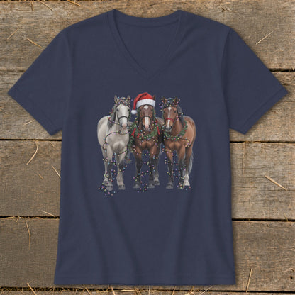 Three horses with Christmas lights and Santa hat on navy t-shirt.
