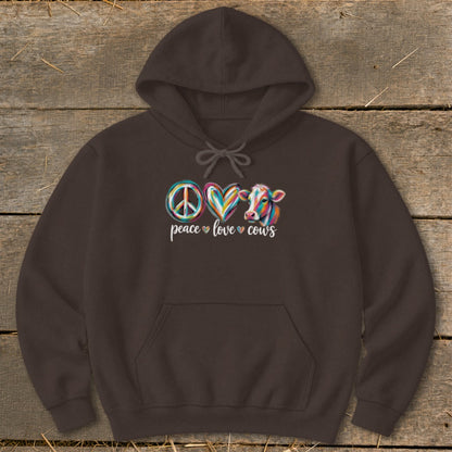 Brown hoodie with "Peace Love Cows" graphic featuring a peace sign, heart, and cow.