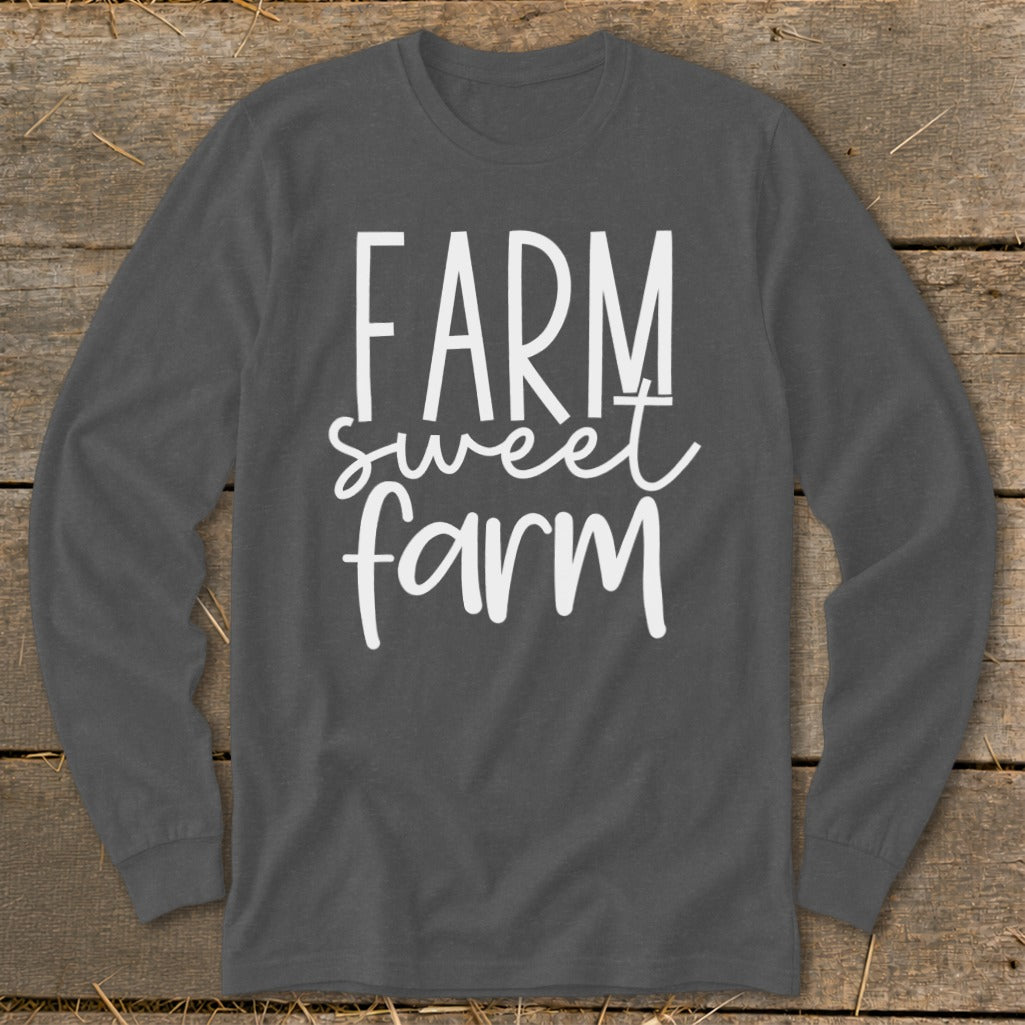 Dark gray long-sleeve shirt with white text "FARM sweet farm".