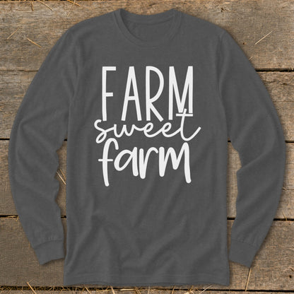 Dark gray long-sleeve shirt with white text "FARM sweet farm".