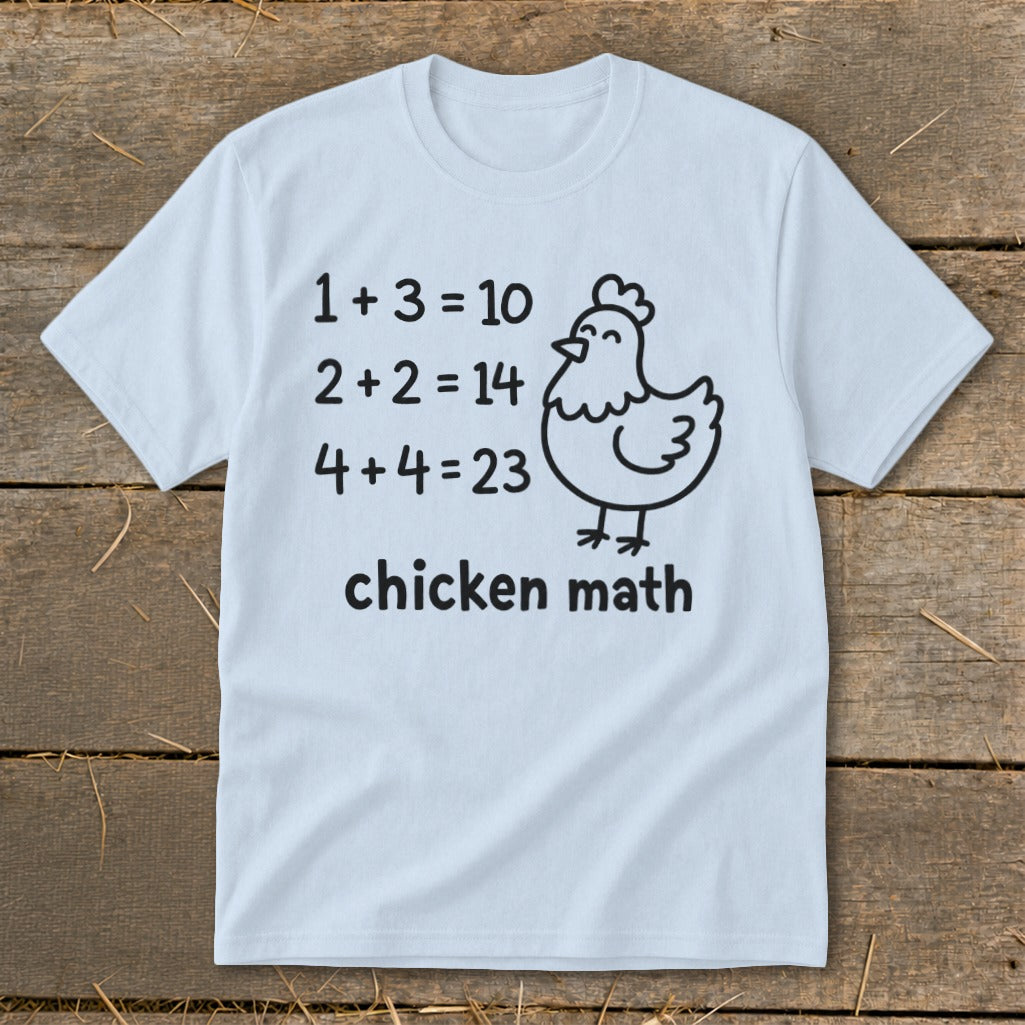 Light blue t-shirt with funny "chicken math" equations and cartoon chicken.