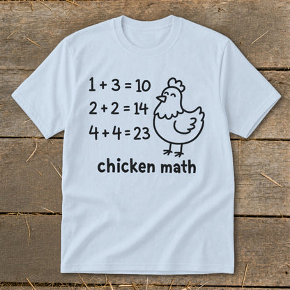 Light blue t-shirt with funny "chicken math" equations and cartoon chicken.
