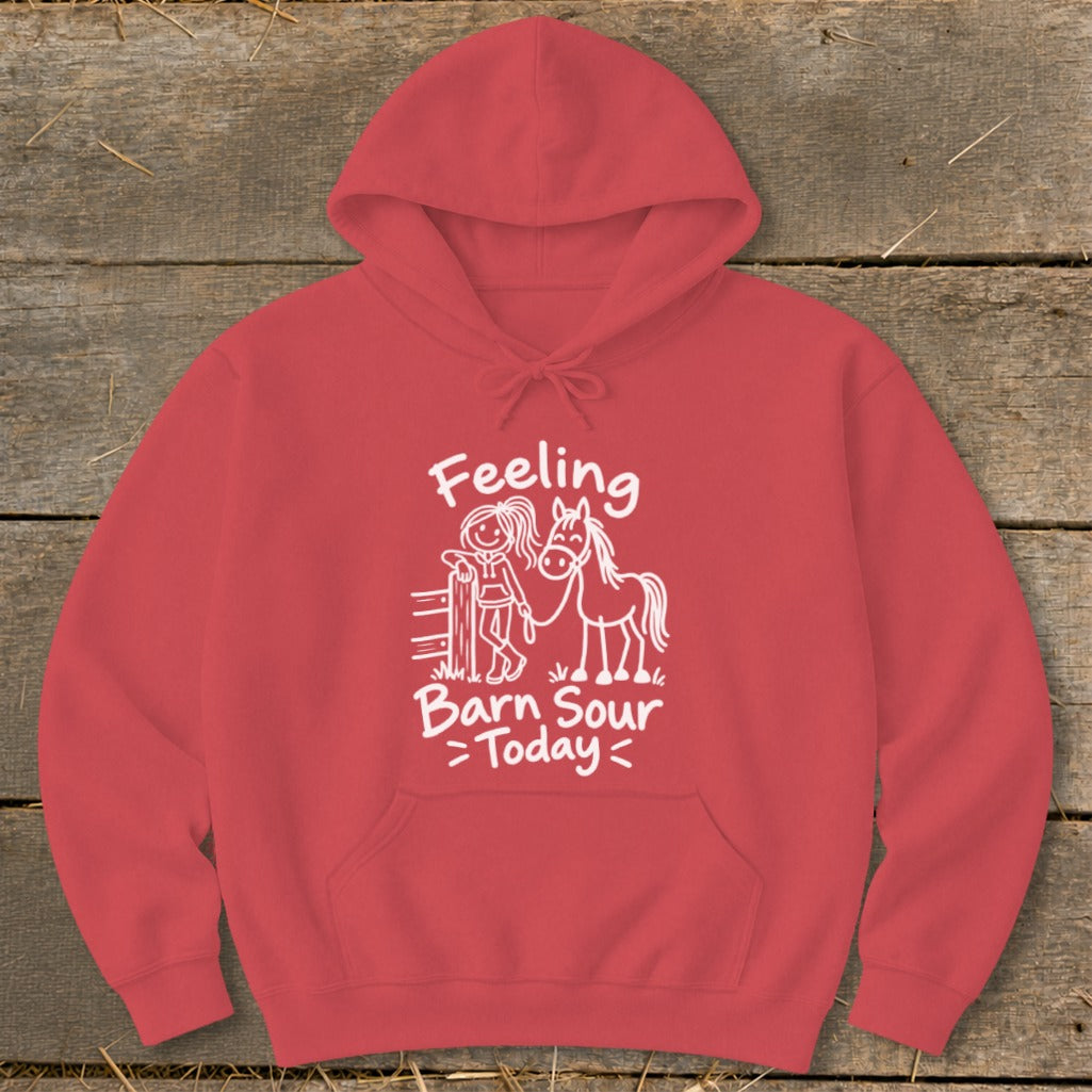 Red hoodie with white graphic of girl and horse, text "Feeling Barn Sour Today".