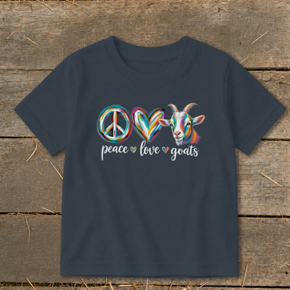 Dark t-shirt with "peace love goats" text and colorful peace sign, heart, and goat graphic.