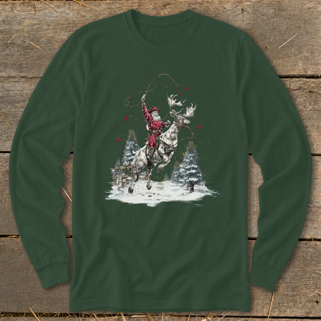 Santa Claus lassoing a moose in a snowy forest scene.