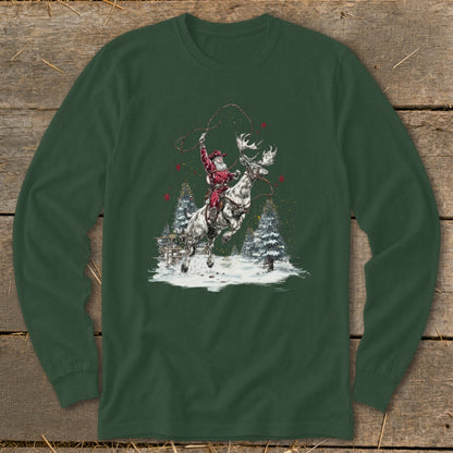 Santa Claus lassoing a moose in a snowy forest scene.