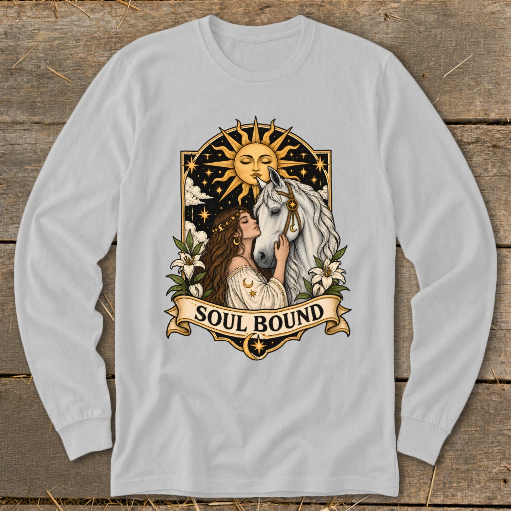Woman embracing white horse with sun and stars, text "SOUL BOUND".