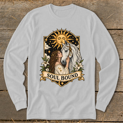 Woman embracing white horse with sun and stars, text "SOUL BOUND".