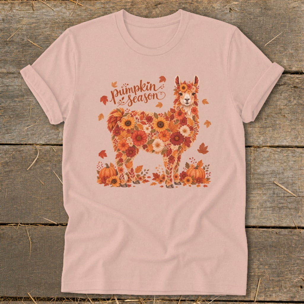 Pink t-shirt with a floral llama graphic and "Pumpkin Season" text.