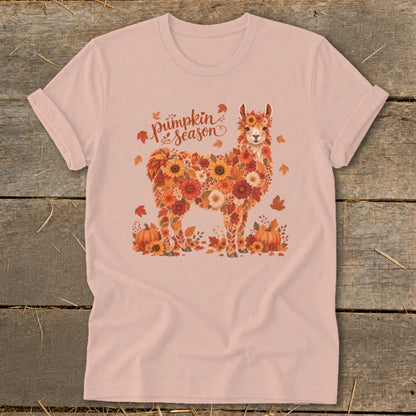 Pink t-shirt with a floral llama graphic and "Pumpkin Season" text.