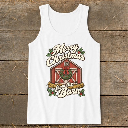 White tank top with "Merry Christmas from the Barn" and barn graphic.
