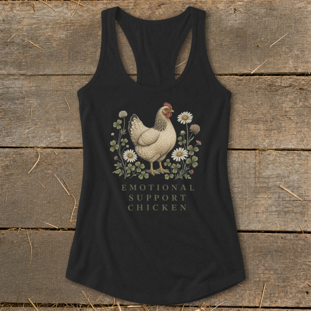 Black tank top with chicken and flowers graphic; text reads "EMOTIONAL SUPPORT CHICKEN".