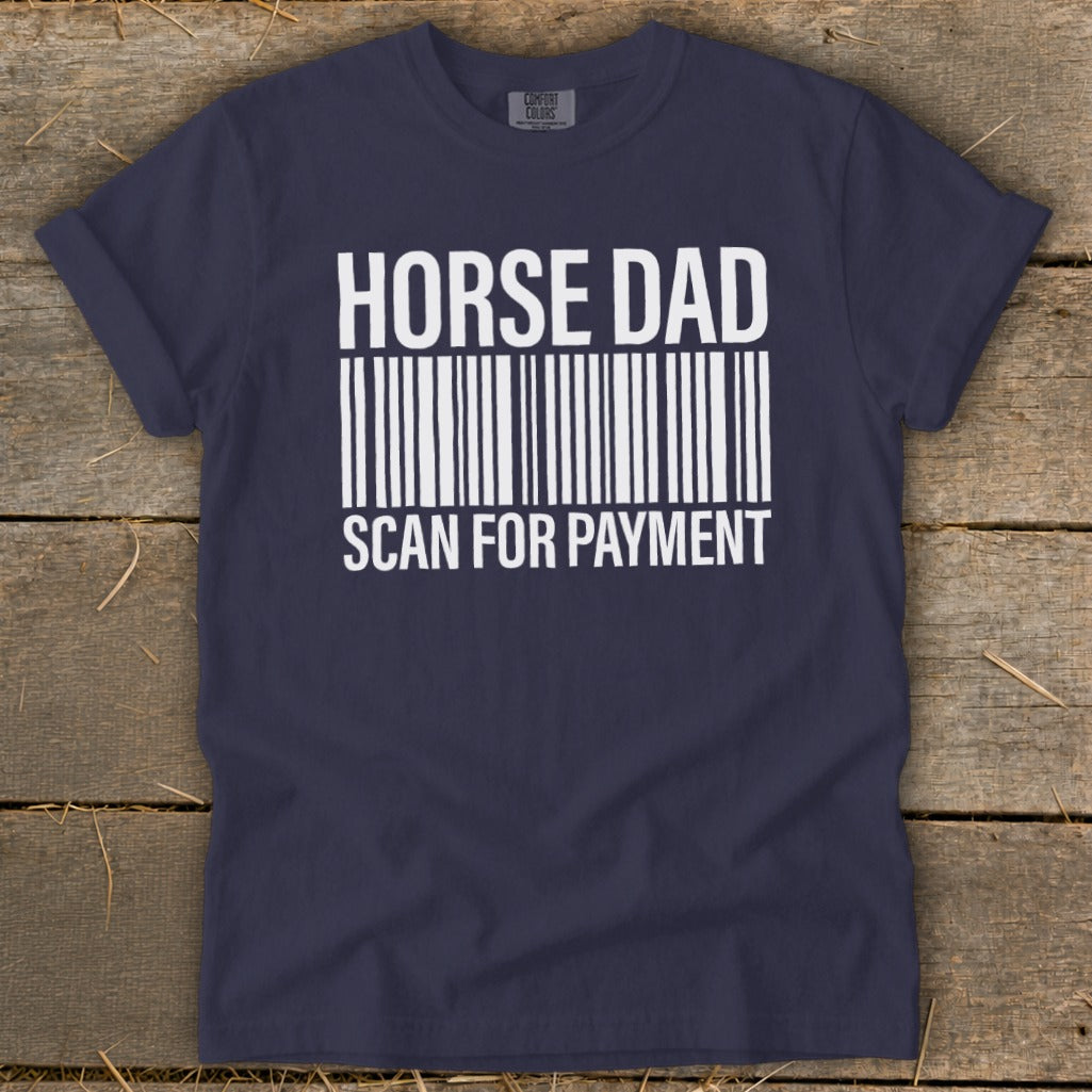 Navy t-shirt with "HORSE DAD SCAN FOR PAYMENT" text and a barcode graphic.