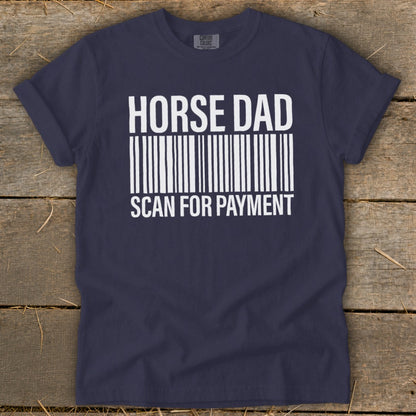 Navy t-shirt with "HORSE DAD SCAN FOR PAYMENT" text and a barcode graphic.