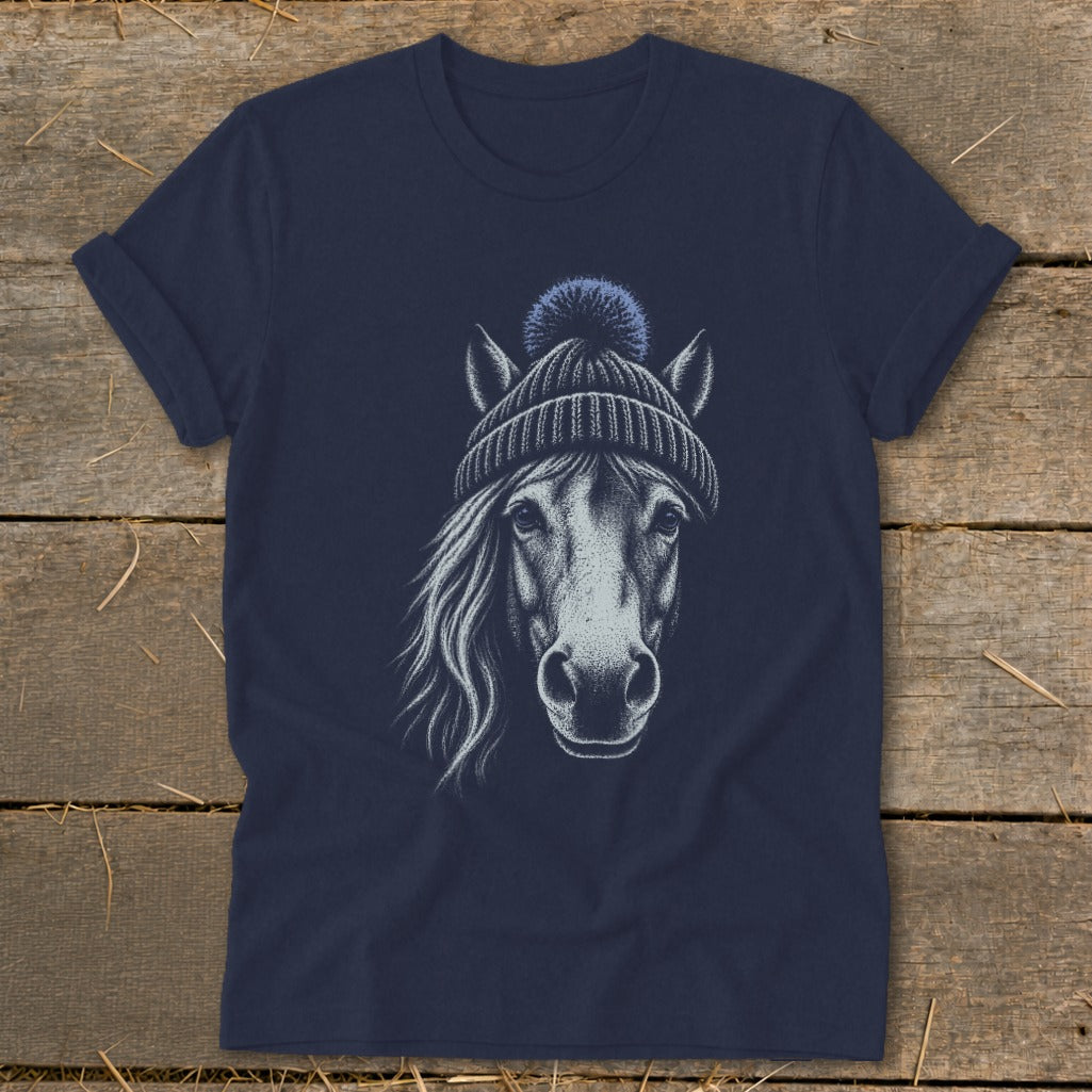 T-shirt with sketch of a horse wearing a beanie