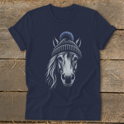 T-shirt with sketch of a horse wearing a beanie