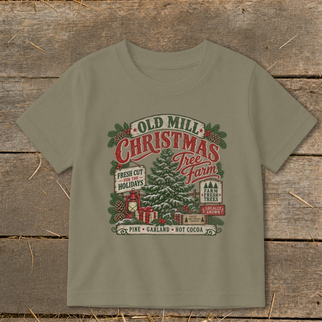Old Mill Christmas Tree Farm graphic with pine, gifts, and hot cocoa.