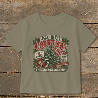 Old Mill Christmas Tree Farm graphic with pine, gifts, and hot cocoa.