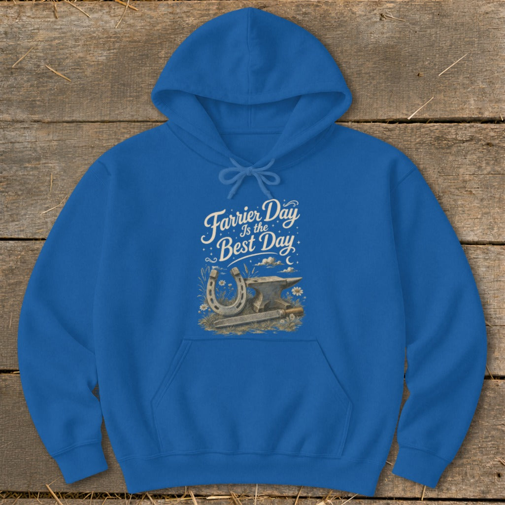 Blue hoodie with "Farrier Day Is The Best Day" text and horseshoe design.