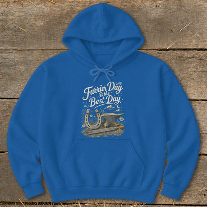 Blue hoodie with "Farrier Day Is The Best Day" text and horseshoe design.