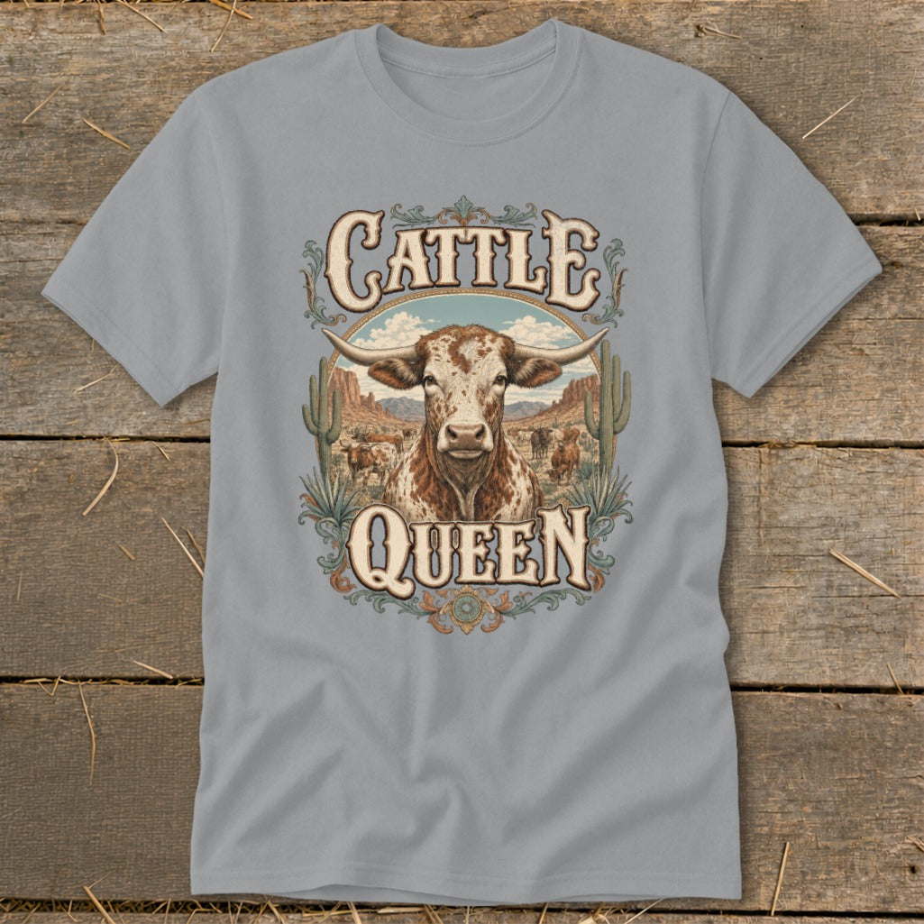 Gray t-shirt with "Cattle Queen" text and a longhorn cow illustration on a desert background.