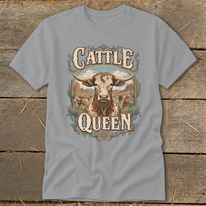 Gray t-shirt with "Cattle Queen" text and a longhorn cow illustration on a desert background.