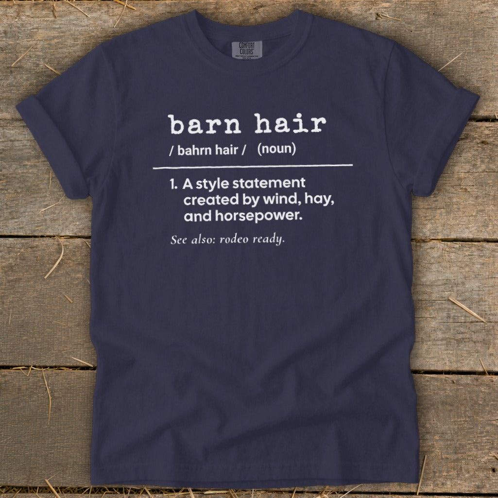 Navy t-shirt with "barn hair" definition: a style statement created by wind, hay, and horsepower.