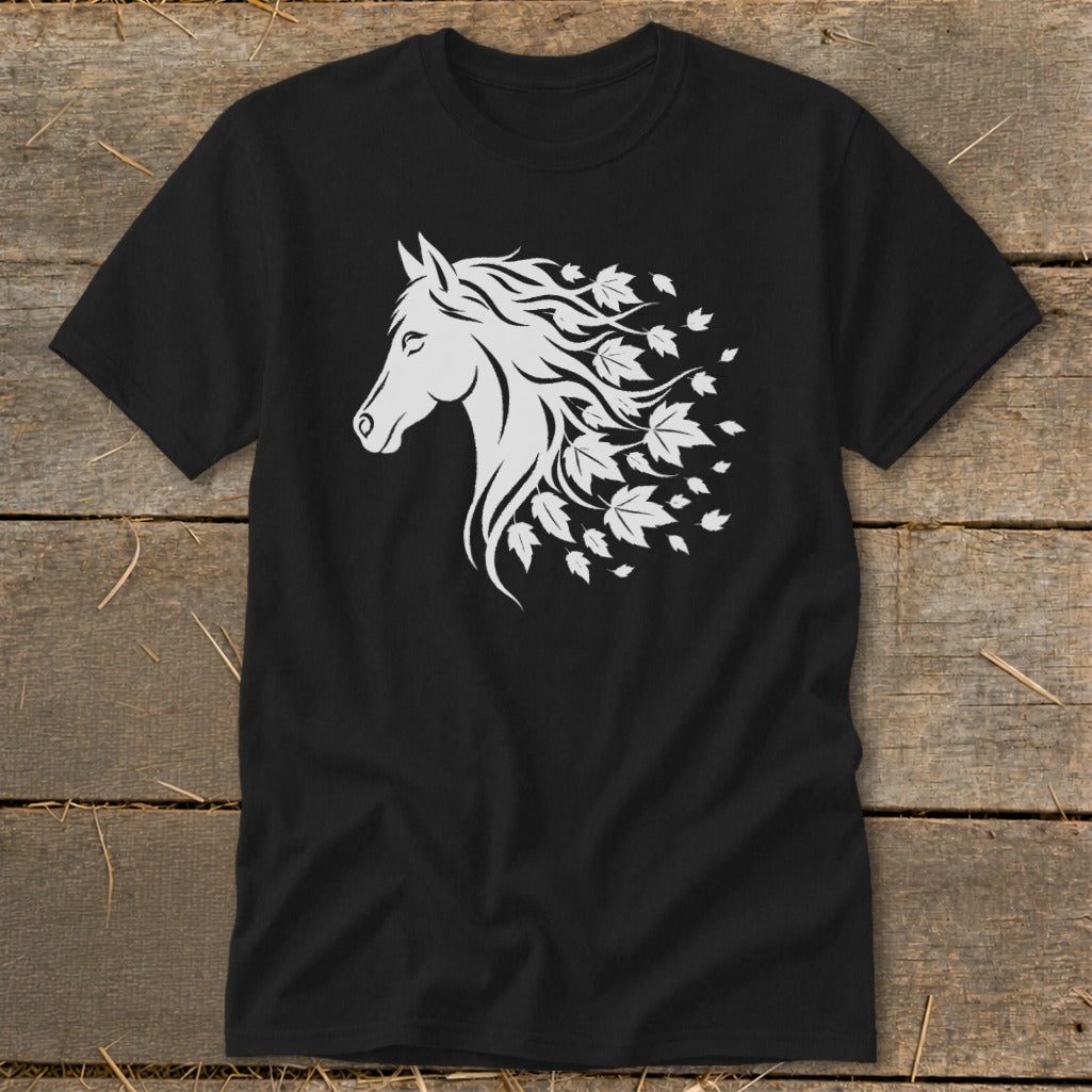 Black t-shirt with a white stylized horse head and flowing mane of leaves.