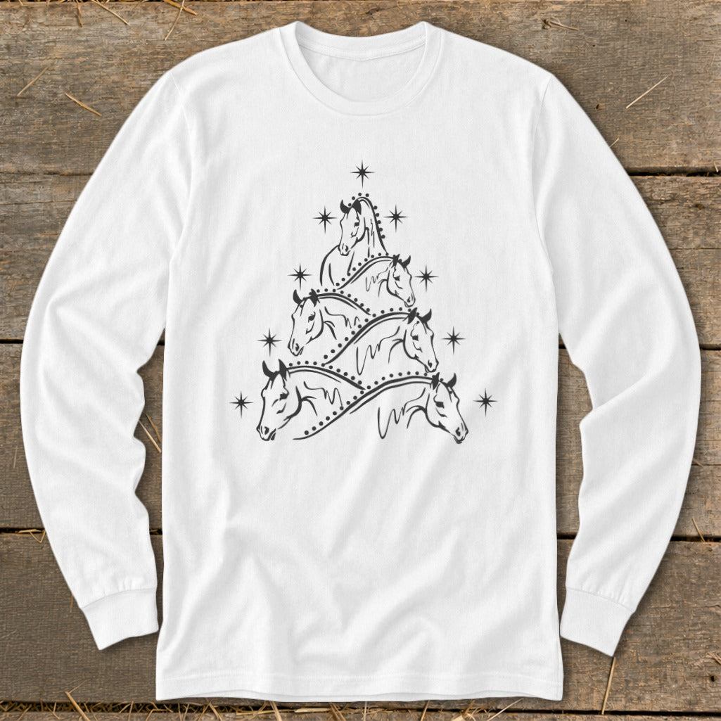 White long-sleeve shirt with a black line drawing of horses arranged as a Christmas tree.