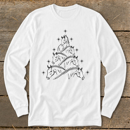 White long-sleeve shirt with a black line drawing of horses arranged as a Christmas tree.