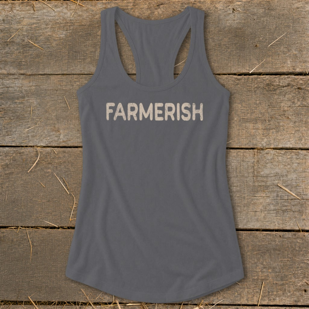 Gray racerback tank top with "FARMERISH" text across the chest.