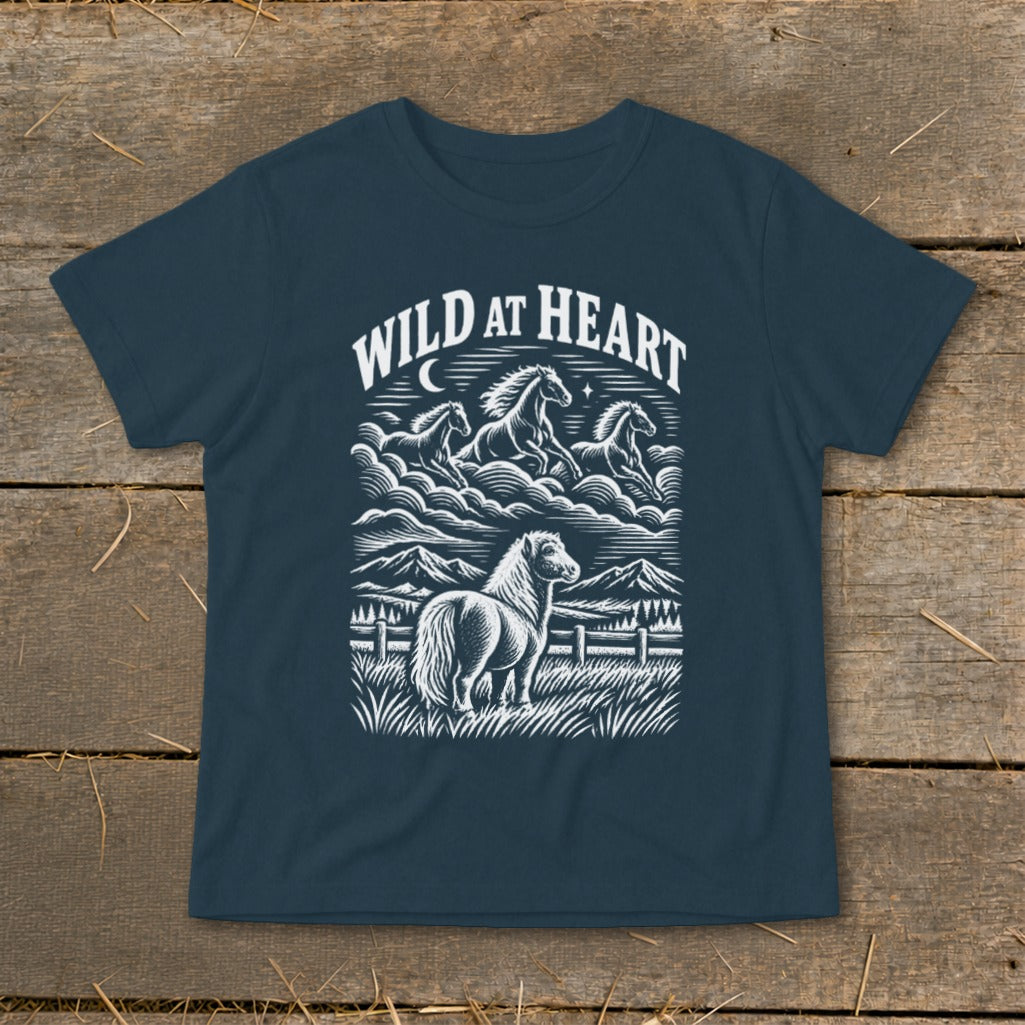 Dark blue t-shirt with "Wild at Heart" text and line art of horses and a pony.