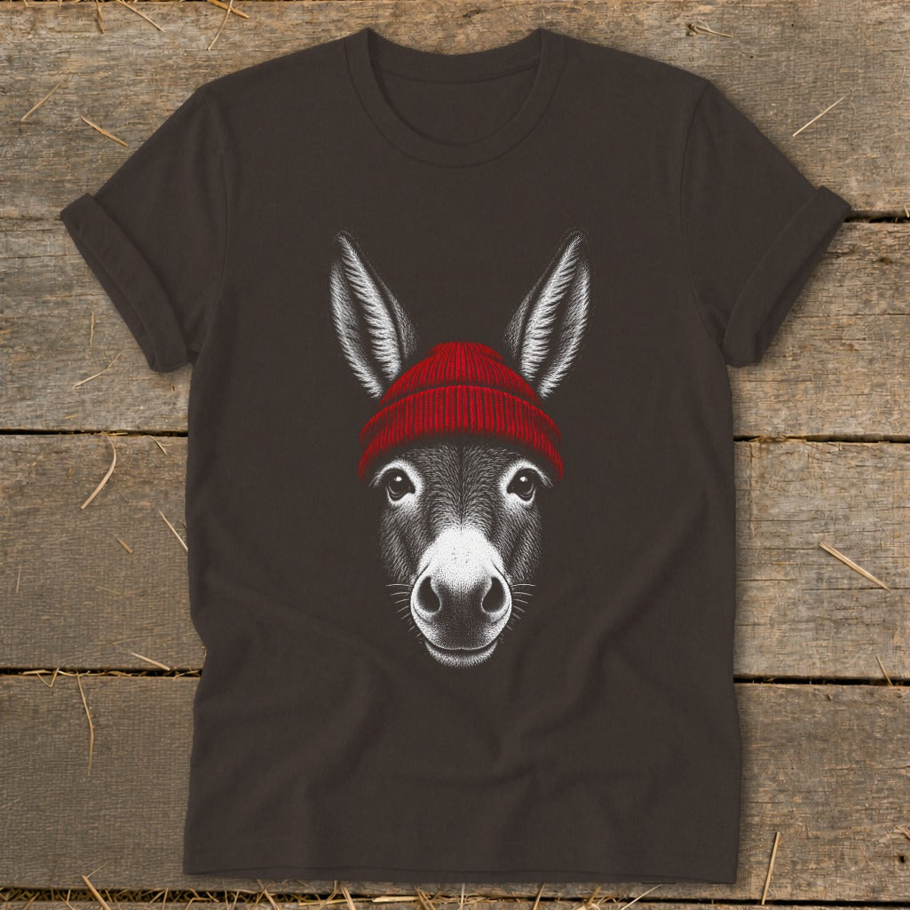 A dark grey t-shirt featuring a white line art illustration of a donkey wearing a red beanie.