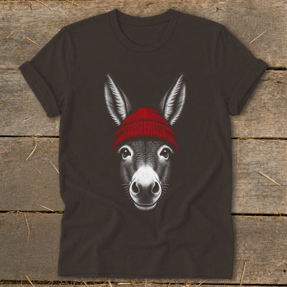 A dark grey t-shirt featuring a white line art illustration of a donkey wearing a red beanie.